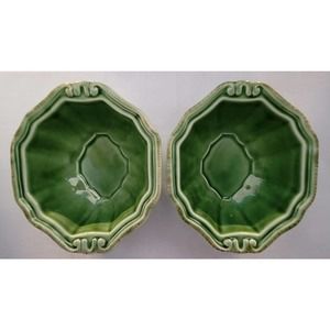 Avocado Green Ceramic Pottery Bowls pair of 2 decorative accent